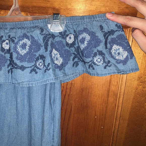 Embroidered Floral Ruffle Off the Shoulder Dress faux denim jean short strapless - Picture 5 of 6